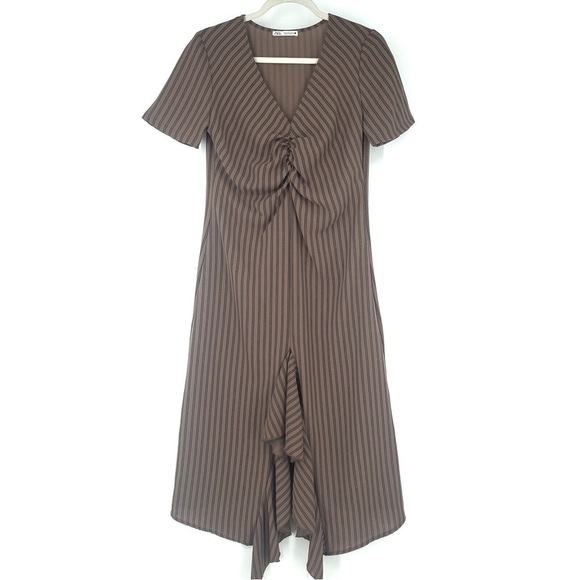 Zara 90’s Inspired Ruffled Ruched V-Neck Midi Brown Dress - Picture 8 of 11